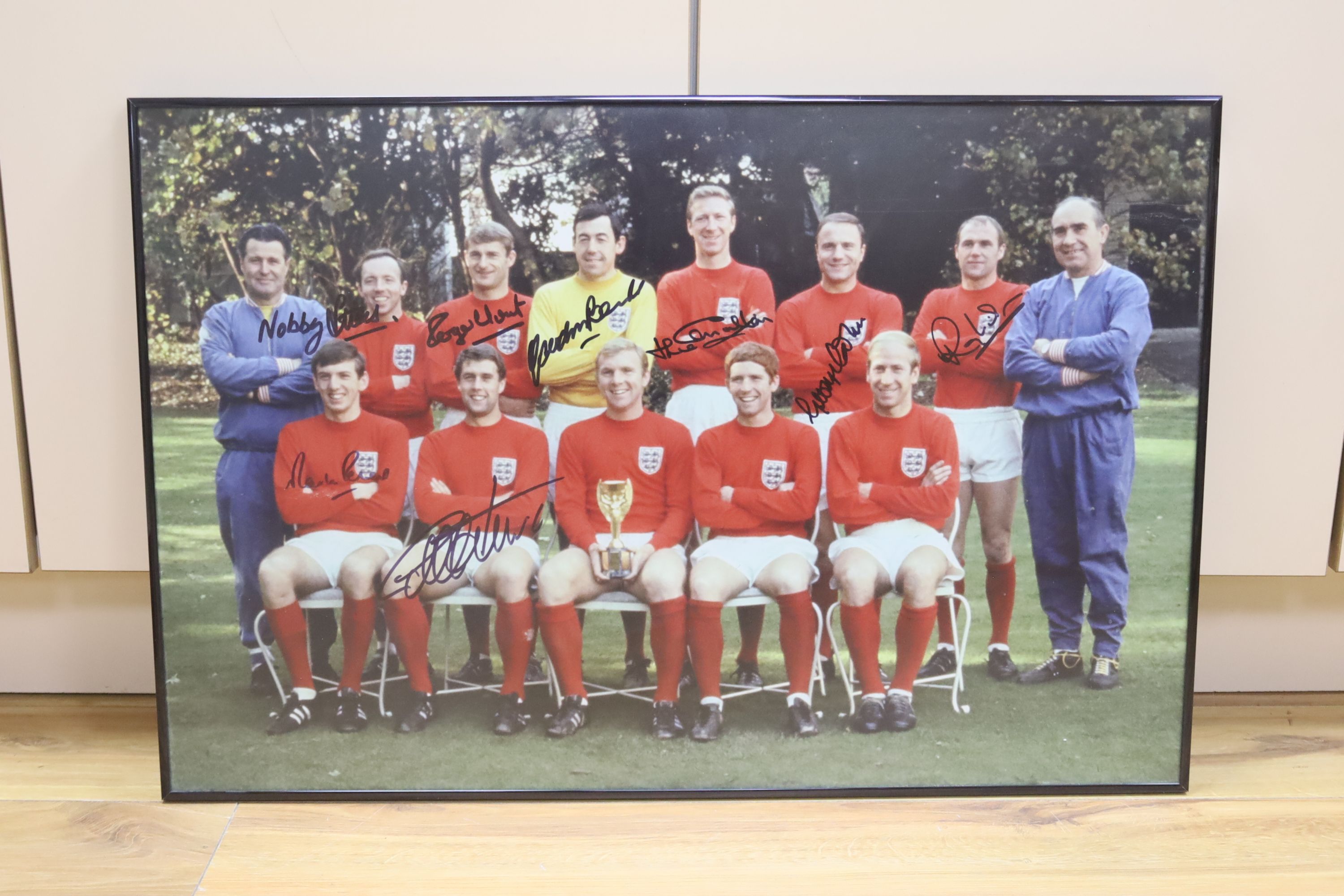 England 1966 world cup squad photograph with eight signatures, 76 x 51cm overall